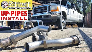 2001 F350 73  RiffRaff UpPipes Install  Stock up pipes leaking and falling apart JUNK SP [upl. by Quita743]